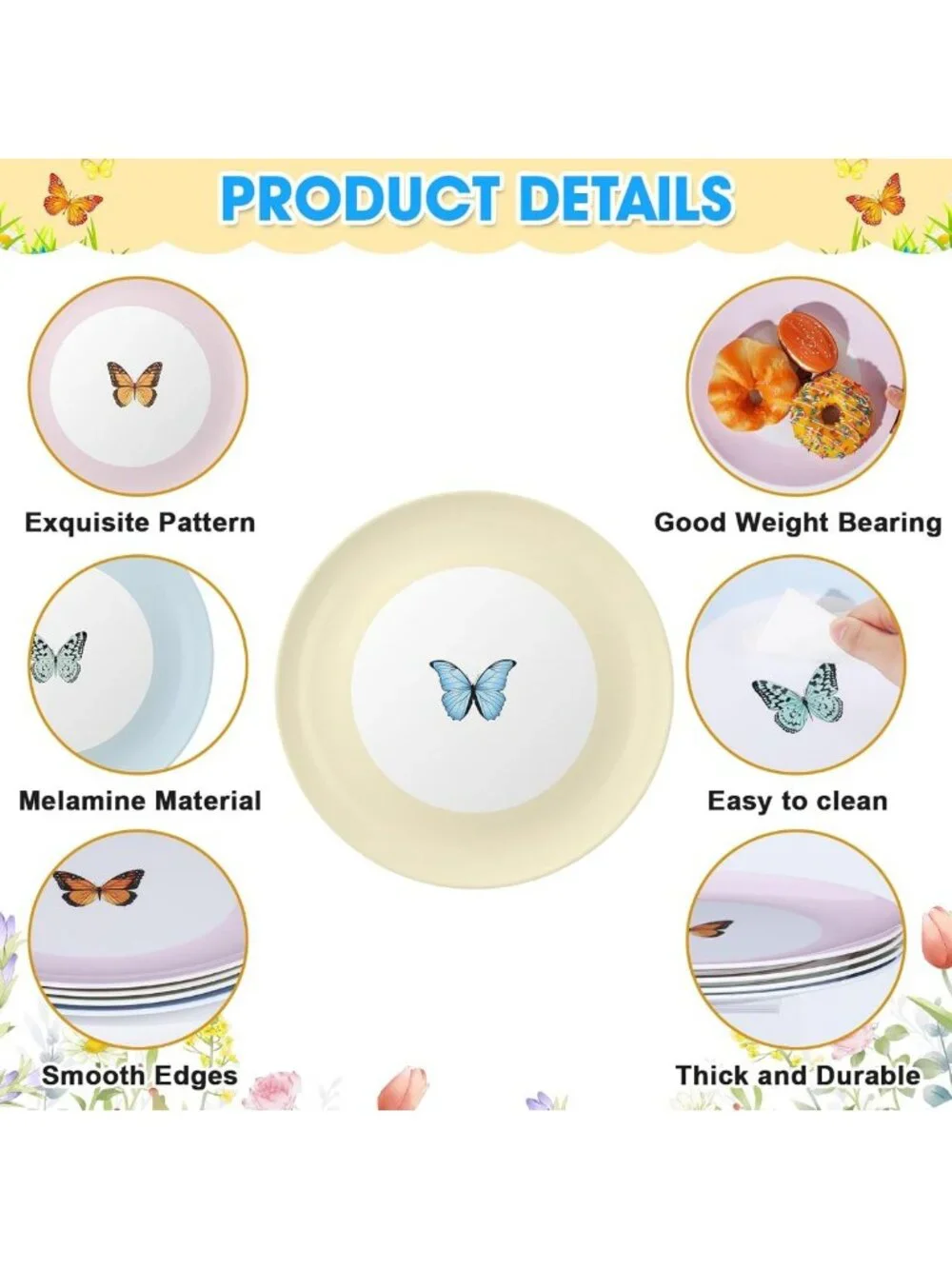 4-Piece 10-Inch Butterfly Melamine Plates - Reusable Pastel Dinnerware Set for